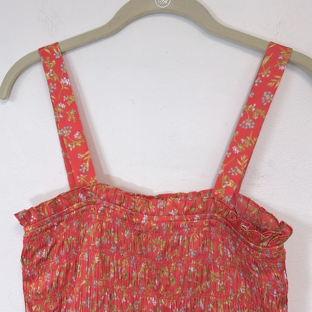 J. Crew Smocked Featherweight Satin Women’s Size L Coral Meadow Floral Tank Top - Picture 7 of 13